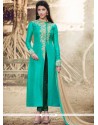Resham Handloom Silk Pant Style Suit In Sea Green