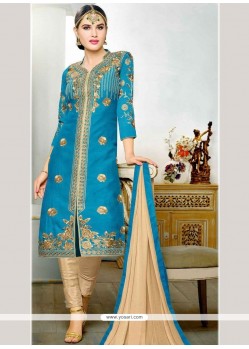 Flawless Blue Embroidered Work Art Silk Churidar Designer Suit