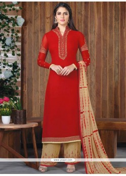 Lovable Embroidered Work Red Faux Georgette Designer Palazzo Suit