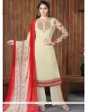 Embroidered Faux Georgette Designer Palazzo Suit In Cream And Red