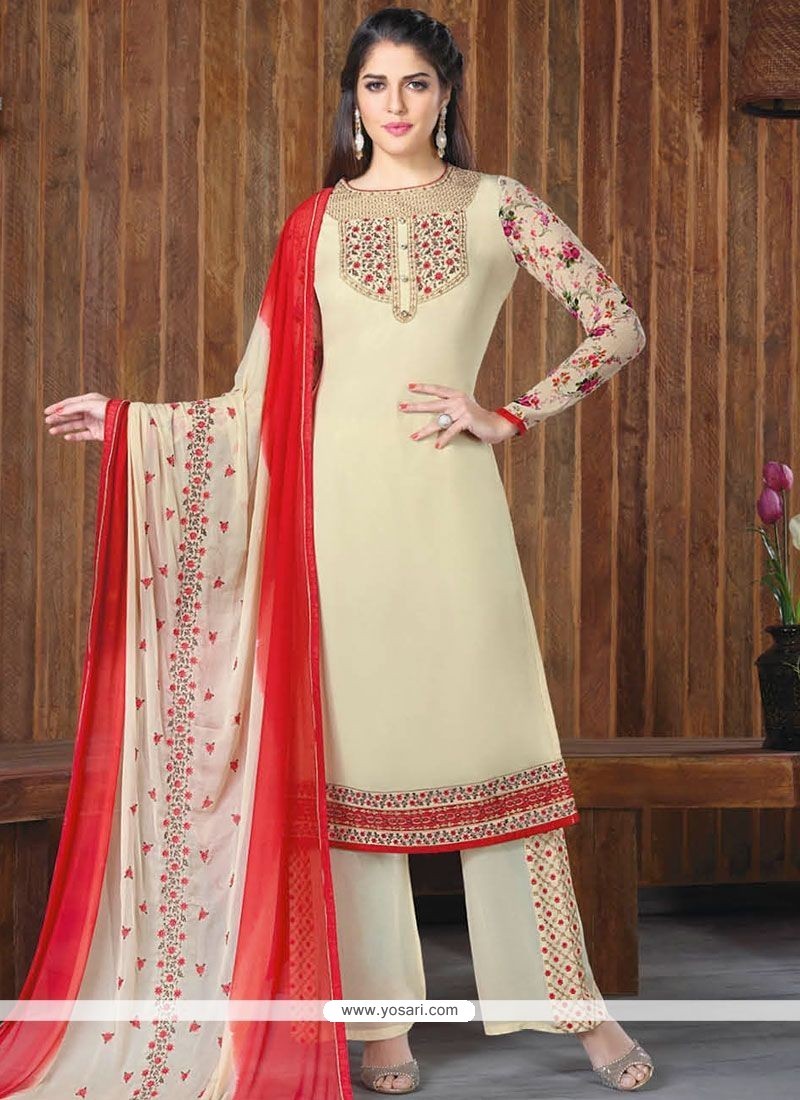 Buy Embroidered Faux Georgette Designer Palazzo Suit In Cream And Red ...