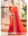 Flawless Faux Georgette Hot Pink And Orange Embroidered Work Shaded Saree
