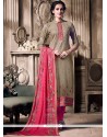 Ideal Resham Work Jacquard Beige And Pink Churidar Designer Suit
