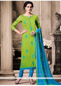 Intrinsic Resham Work Blue And Green Cotton Churidar Designer Suit
