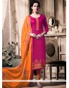 Latest Hot Pink And Orange Embroidered Work Jacquard Churidar Designer Suit