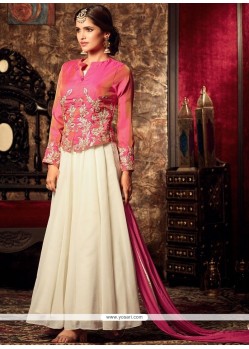 Miraculous Resham Work Pink And White Faux Georgette Designer Floor Length Suit
