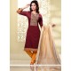 Immaculate Chanderi Maroon And Mustard Lace Work Churidar Designer Suit