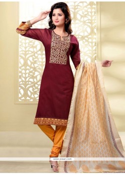Immaculate Chanderi Maroon And Mustard Lace Work Churidar Designer Suit