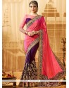 Exquisite Pink And Purple Embroidered Work Jacquard Silk Half N Half Designer Saree