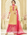 Invigorating Beige And Hot Pink Cotton Palazzo Suit