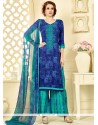 Blooming Blue And Sea Green Print Work Cotton Palazzo Suit