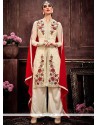 Dazzling Faux Georgette Cream And Red Designer Palazzo Suit