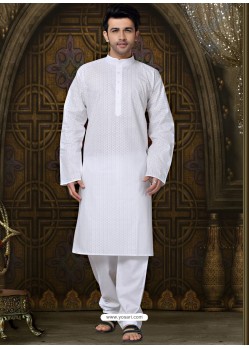 Self Designed White Cotton Kurta With Aligarhi Pajama