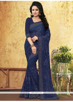 Navy Blue Embroidered Work Faux Georgette Classic Designer Saree