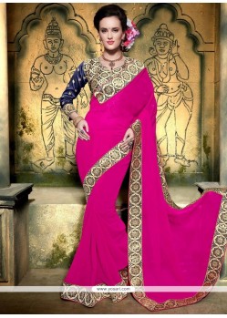 Extraordinary Faux Georgette Hot Pink Embroidered Work Designer Saree
