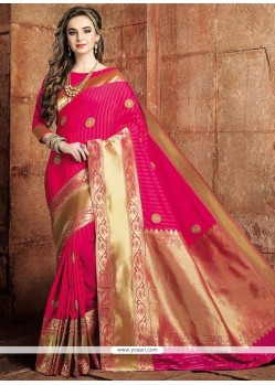 Weaving Art Raw Silk Traditional Designer Saree In Hot Pink