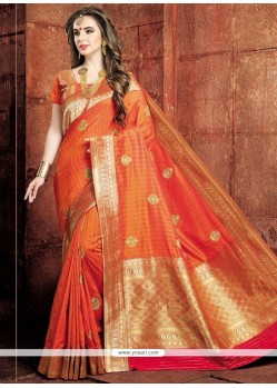 Lively Orange Weaving Work Art Raw Silk Designer Traditional Saree