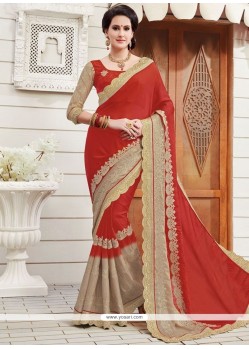 Awesome Red Patch Border Work Faux Chiffon Designer Saree