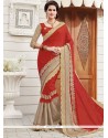 Awesome Red Patch Border Work Faux Chiffon Designer Saree