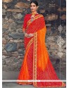 Sparkling Faux Georgette Orange And Red Print Work Shaded Saree