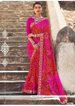 Customary Patch Border Work Hot Pink And Red Shaded Saree