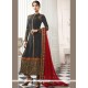 Exceeding Faux Georgette Grey And Red Embroidered Work Churidar Designer Suit