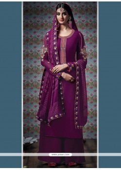 Impeccable Wine Embroidered Work Faux Georgette Designer Palazzo Suit