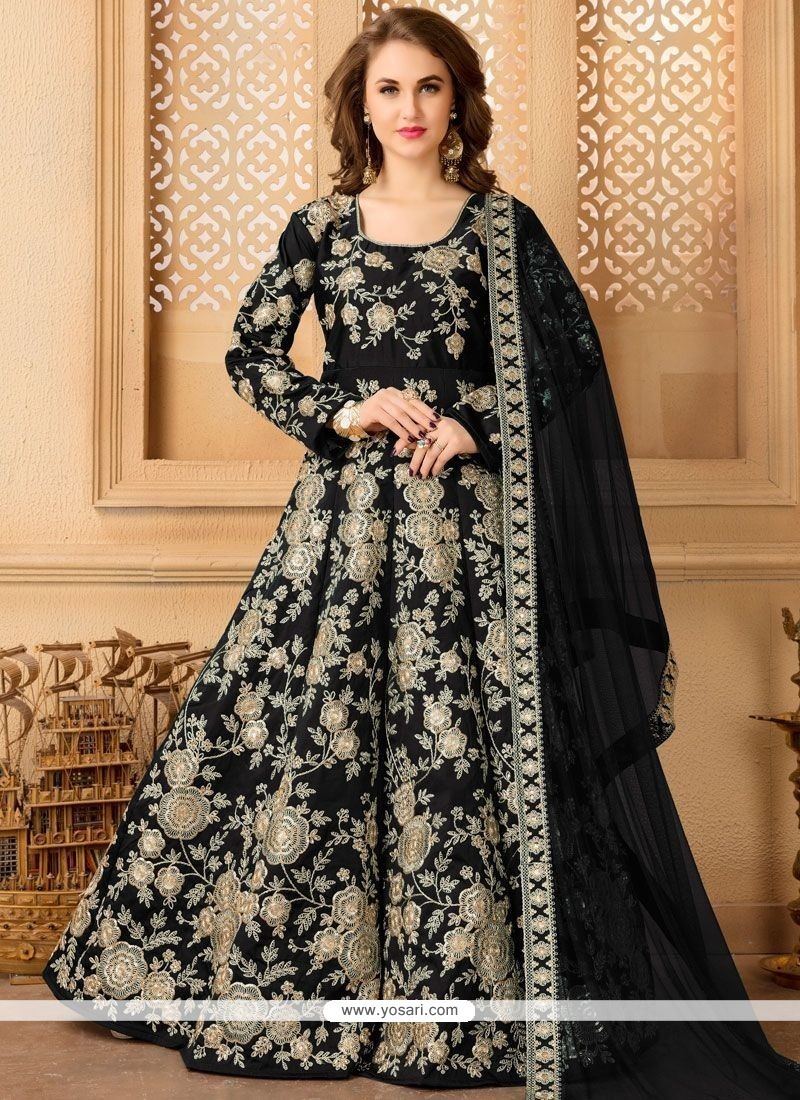Buy Cute Resham Work Black Tafeta Silk Floor Length Anarkali Suit ...