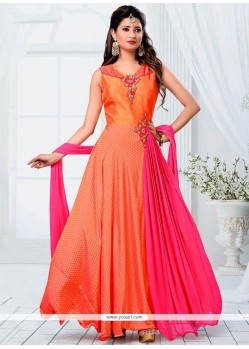 Alluring Banarasi Silk Orange And Pink Readymade Designer Suit