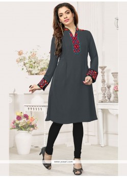 Embroidered Faux Georgette Party Wear Kurti In Grey