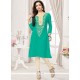 Renowned Embroidered Work Faux Georgette Sea Green Party Wear Kurti