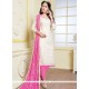 Beautiful Print Work Pink And White Banarasi Silk Churidar Suit