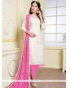 Beautiful Print Work Pink And White Banarasi Silk Churidar Suit