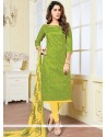 Ideal Jacquard Green And Yellow Print Work Churidar Suit