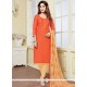 Marvelous Print Work Orange Banarasi Silk Churidar Suit