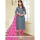 Glowing Print Work Grey And Pink Banarasi Silk Churidar Suit