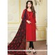 Elegant Banarasi Silk Black And Red Print Work Churidar Suit