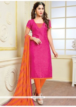Staggering Hot Pink And Orange Print Work Churidar Suit