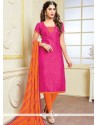Staggering Hot Pink And Orange Print Work Churidar Suit