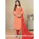 Desirable Embroidered Work Faux Georgette Peach And Red Churidar Designer Suit