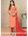 Desirable Embroidered Work Faux Georgette Peach And Red Churidar Designer Suit