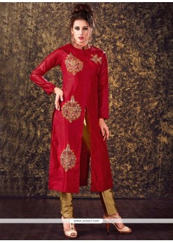 Energetic Art Silk Maroon Readymade Churidar Suit