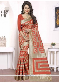 Vibrant Peach Woven Work Banarasi Silk Designer Traditional Saree