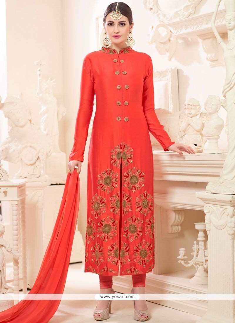 Buy Embroidered Art Silk Churidar Designer Suit In Orange | Designer ...