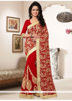 Lively Faux Georgette Red Patch Border Work Classic Designer Saree