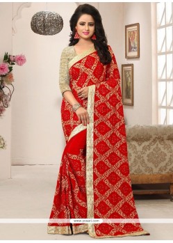 Sonorous Red Patch Border Work Faux Crepe Designer Saree