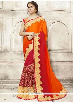 Girlish Orange And Red Patch Border Work Shaded Saree