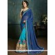 Desirable Blue And Navy Blue Embroidered Work Lycra Half N Half Saree