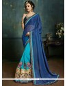 Desirable Blue And Navy Blue Embroidered Work Lycra Half N Half Saree