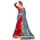 Fabulous Fancy Fabric Grey And Red Patch Border Work Designer Half N Half Saree